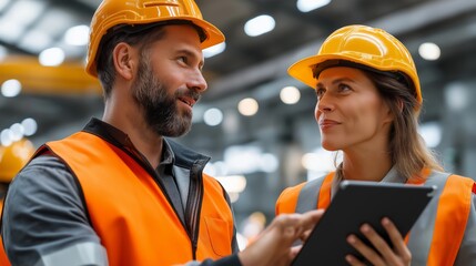 In a bustling manufacturing facility, a man and woman engineer share insights while reviewing project plans on a tablet, showcasing collaboration in a dynamic environment