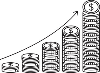 A black and white line-art vector showing five rising stacks of dollar coins with an upward arrow, symbolizing financial growth, profit accumulation, and successful long-term investing.