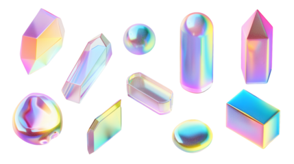 Set of abstract shapes in gradient freeform holographic style isolated on a white background 3D render