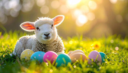 Easter eggs on green grass with a sitting lamb, symbol of Easter.