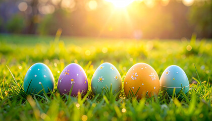 Easter eggs on green grass, symbol of Easter