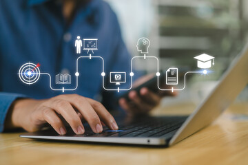 Obraz premium AI-powered personalized e-learning concept, highlighting digital transformation in education through machine learning for online learning, skill development, and graduation success.