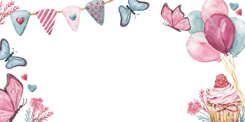 Valentine frame with festive elements watercolor illustration