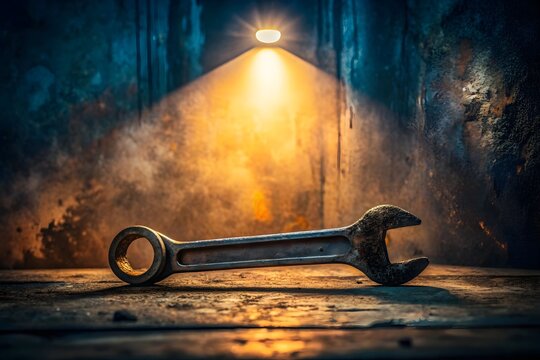 Single metal wrench illuminated on textured industrial surface with dramatic shadows, evoking craftsmanship, wear, and atmospheric mechanical ambiance