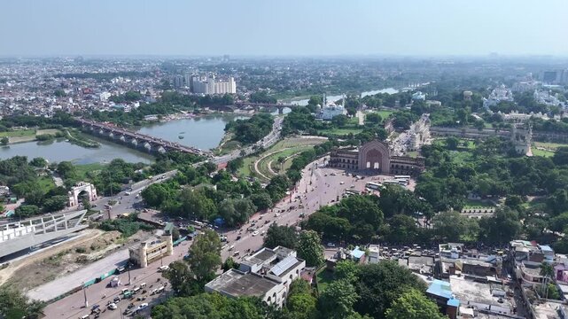 Aerial view of Rumi Darwaza, the iconic historic gateway in Lucknow, India
