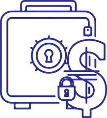 A blue line-art vector icon featuring a bank safe with a combination dial, a large dollar sign, and a padlock, representing financial security, banking, and wealth protection.