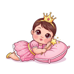 Cute Baby Princess Illustration with Pink Dress and Magic Wand