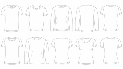 White Shirt Vector Set &ndash; Front and Back Views of T-Shirts, Long Sleeves, and Neckline Styles for Fashion Design, Retail, and Apparel Graphics