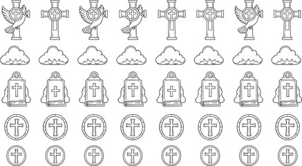 Christian Religious Icon Set with Crosses, Holy Bible, Clouds, and Dove Symbols in Line Art Style.