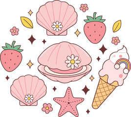 Cute Pink Summer Collection Featuring Sea Shells with Daisies, Strawberries, Ice Cream, and Starfish Illustrations.