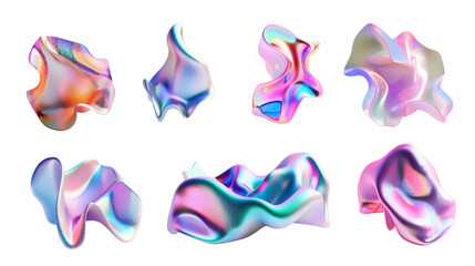 Set of abstract shapes in gradient freeform holographic style isolated on a white background 3D render