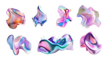 Set of abstract shapes in gradient freeform holographic style isolated on a white background 3D render