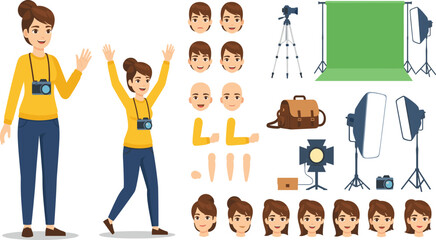 Female Photographer Character Construction Kit with Camera, Studio Lighting, Tripod, and Green Screen Backdrop.