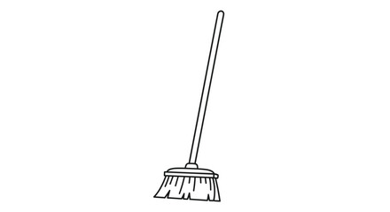 Simple black and white line drawing of a long-handled broom for cleaning floors is isolated on a white background.