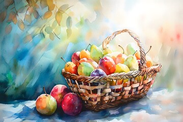 Fresh fruit basket watercolor artwork high resolution picture