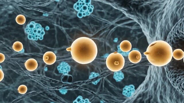 Serotonin synthesis inside the neuron, enzymes glowing as they convert precursors like tryptophan into active neurotransmitter molecules. Vesicles fill gradually with luminous serotonin