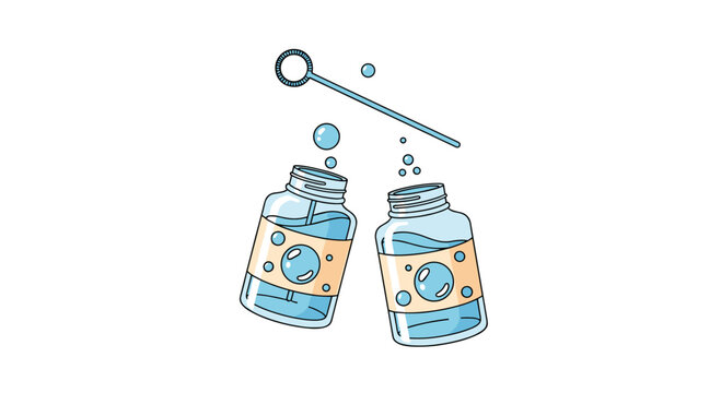 Two blue bottles of bubble solution with a single bubble wand and bubbles floating above are shown on a white background.