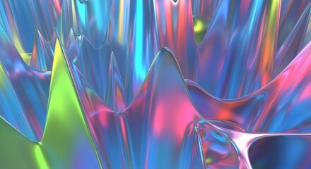 Pearl iridescent foil is distorted into warped folds with a neon glowing night palette. Futuristic luxury concept