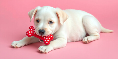 White puppy lying down holding a red polka dot bone toy on a pink background