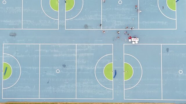 Aerial Top Down View of Blue and Green Netball Courts