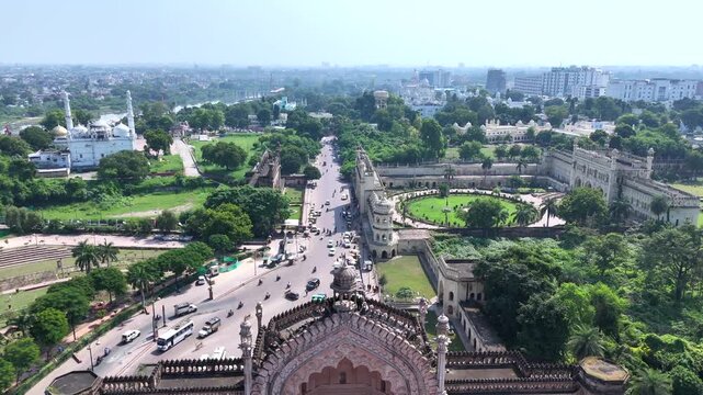 Aerial view of Rumi Darwaza, the iconic historic gateway in Lucknow, India
