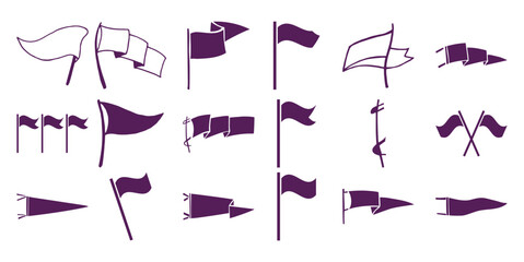 Fototapeta premium Collection of purple flag in various shapes and styles white banner pennant