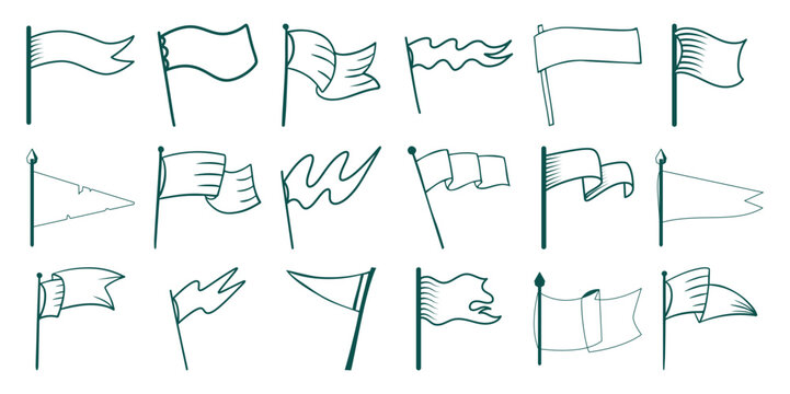 Collection of hand drawn dark teal flags and pennants white banner symbol