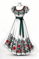 Traditional Folk Style White Gown with Red Floral Embroidery