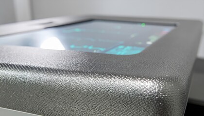 High-tech operating room scene with an arthroscopy tower monitor and vital signs waveform display in digital cyan.