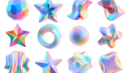 Set of abstract star-circle gradient freeform shape form fluid holographic Iridescent 3D render icon isolated on white background