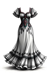 Vintage Style White Dress with Ornate Embroidery Sketch