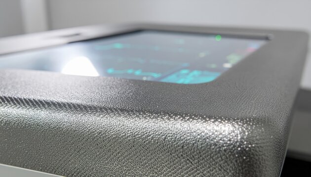 High-tech operating room scene with an arthroscopy tower monitor and vital signs waveform display in digital cyan. - Powered by Adobe