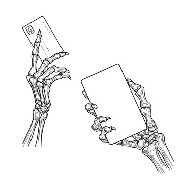 Skeleton hand holding sign and bank card, set, sketch. Vector illustration. Skeleton hand with bony fingers, isolated on white background. Suitable for banners, Halloween signs, and various occasions.