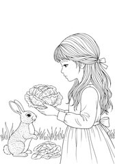 a girl feeds a rabbit cabbage. coloring book
