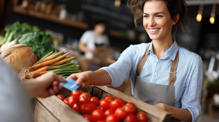 In a vibrant market setting, a cashier happily assists a customer with a contactless payment, surrounded by colorful fresh tomatoes, carrots, and greens
