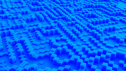 Fototapeta premium Abstract 3D render of blue voxel blocks forming a stepped labyrinth terrain, viewed in perspective with repeating geometric cubes and soft lighting