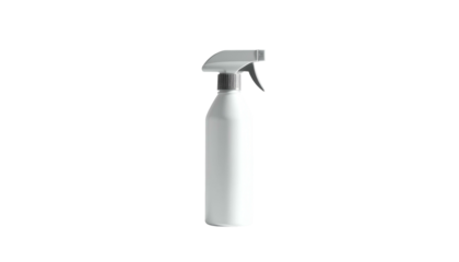 A 3D render of a simple, all-white plastic spray bottle with a gray trigger. The bottle is cylindrical and stands on a black background