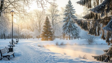 Snowy Park Scene with Bench and Trees.