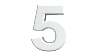 A 3D render of the numeral five, rendered in a bright white material, stands against a stark, black background. Its form is well-defined
