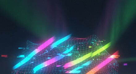 Neon glowing tones are applied to a marble holographic glitch swirl with warped folds. Futuristic surreal concept