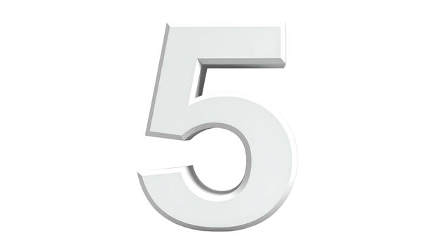 A 3D render of the numeral five, rendered in a bright white material, stands against a stark, black background. Its form is well-defined