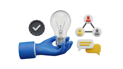 Hand holding lightbulb with collaboration and communication icons