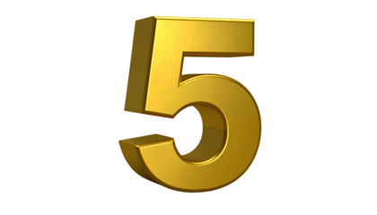 A 3D rendered gold number 5 stands prominently against a stark black backdrop. The lighting highlights its textured surface