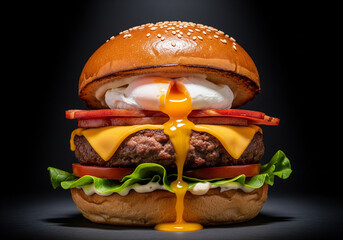 A dramatic dark background with soft shadows, spotlight lighting on a gourmet burger stacked with beef patty