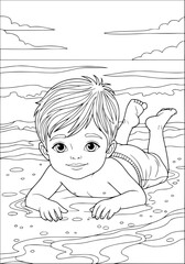 A boy is sunbathing on the sea beach. coloring book