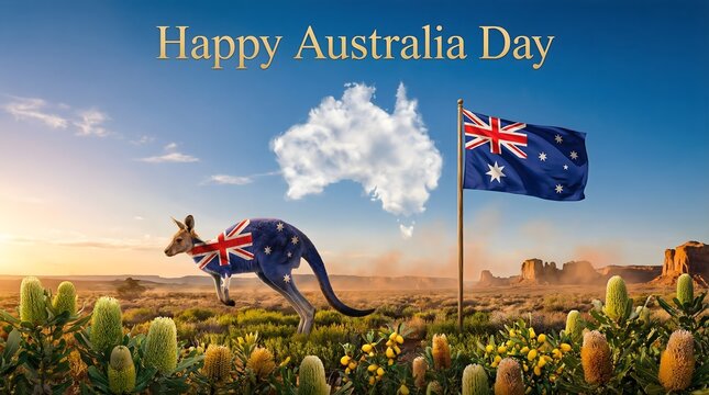Kangaroo wearing australian flag in desert landscape with flagpole and cacti on sunny day with patriotic and national day and celebration and holiday and travel