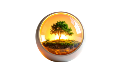 A 3D rendered orb encapsulates a miniature world featuring a tree on a grassy island. The sunset backlights the scene, creating a warm, glowing effect