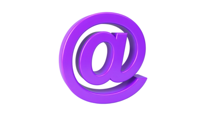 A 3D rendered purple ?at? symbol, hovering against a stark black backdrop. It shows a glossy, rounded form with a soft glow