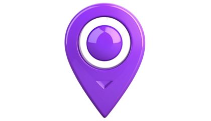 A 3D rendered purple map pin icon against a black background. The pin has a glossy finish and a central sphere