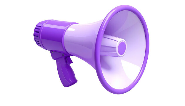 A 3D rendered, purple and white megaphone, isolated against a transparent black background, for promotional use. It has a hand grip